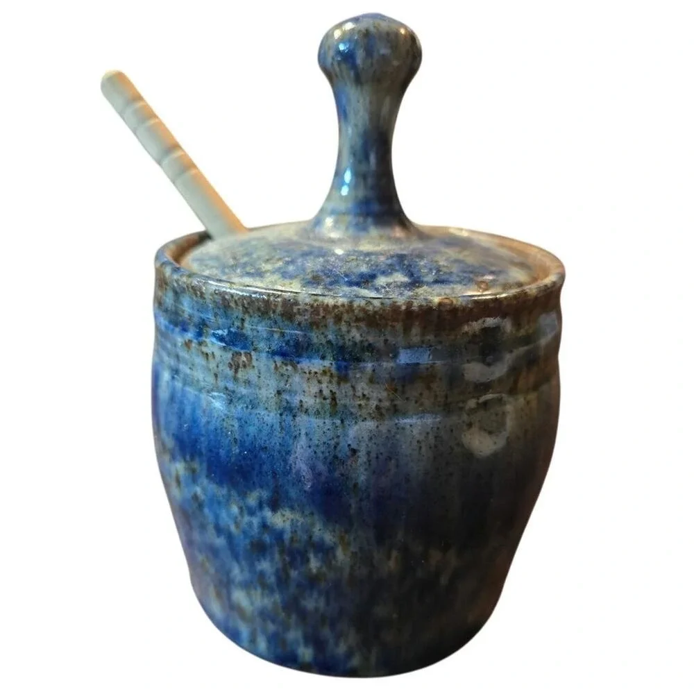 Blue Glaze Signed Pam Snyder‎ Studio Art Pottery Honey Pot with Lid & Wood Wand