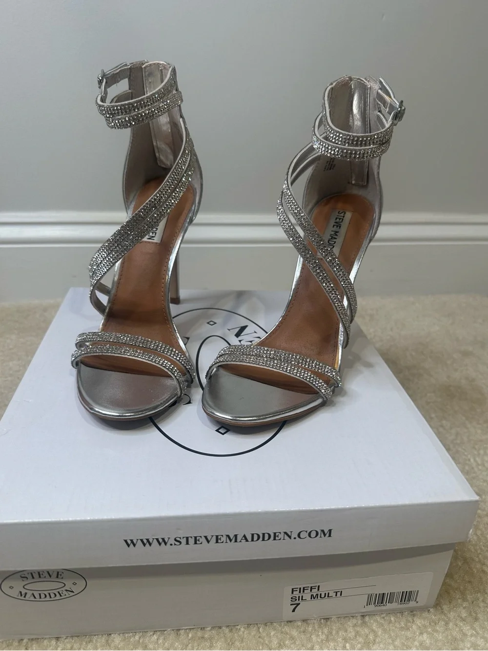 Steve Madden Silver Crystal Strappy Stiletto Heels