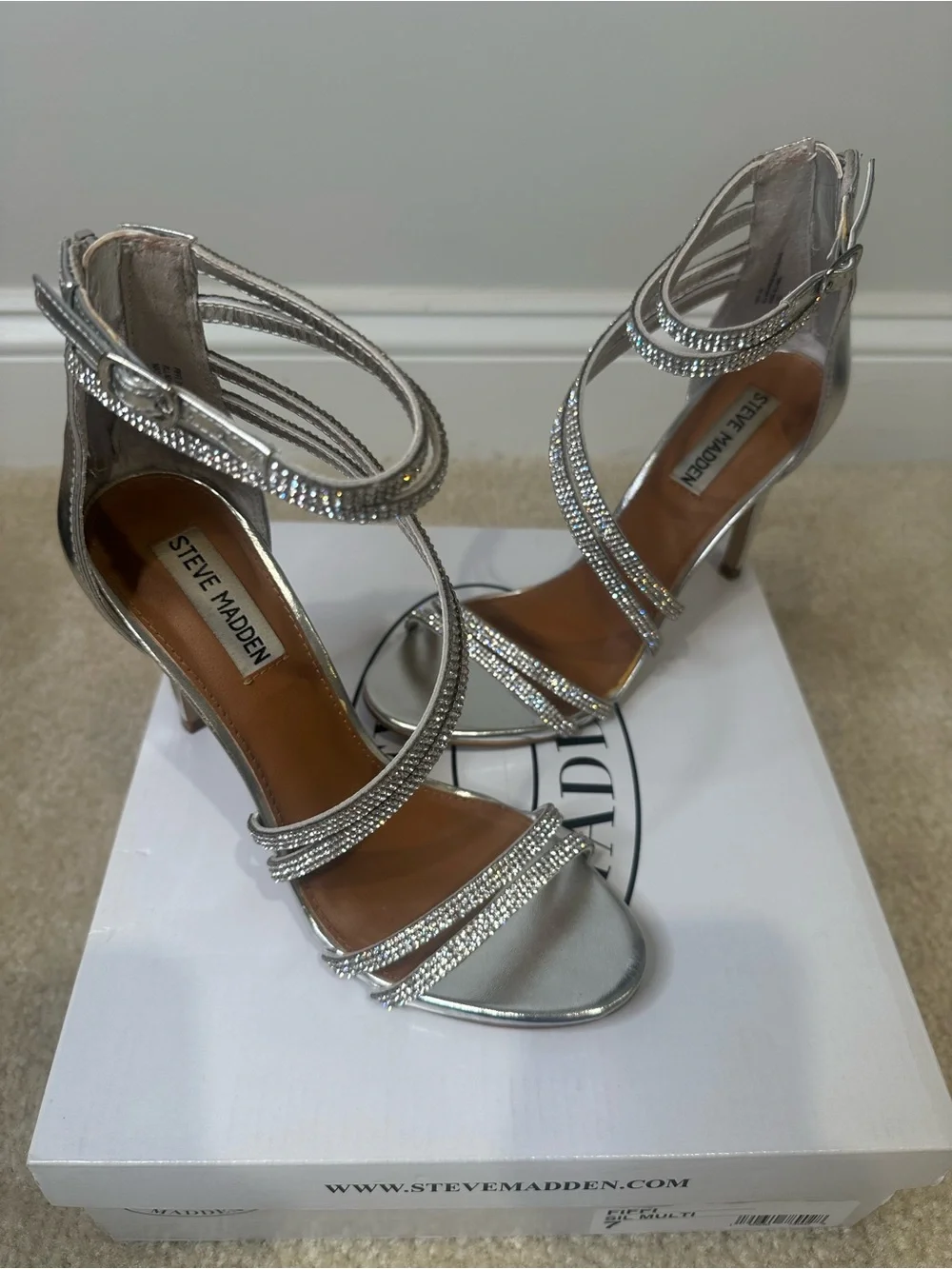 Steve Madden Silver Crystal Strappy Stiletto Heels