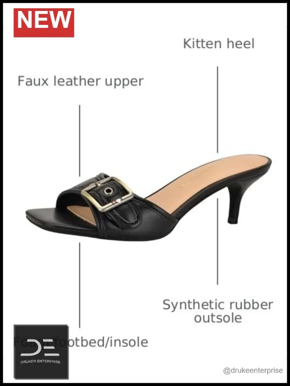 Faux Leather Kitten Heel Sandals with Buckle Strap, Slip-On Square Toe