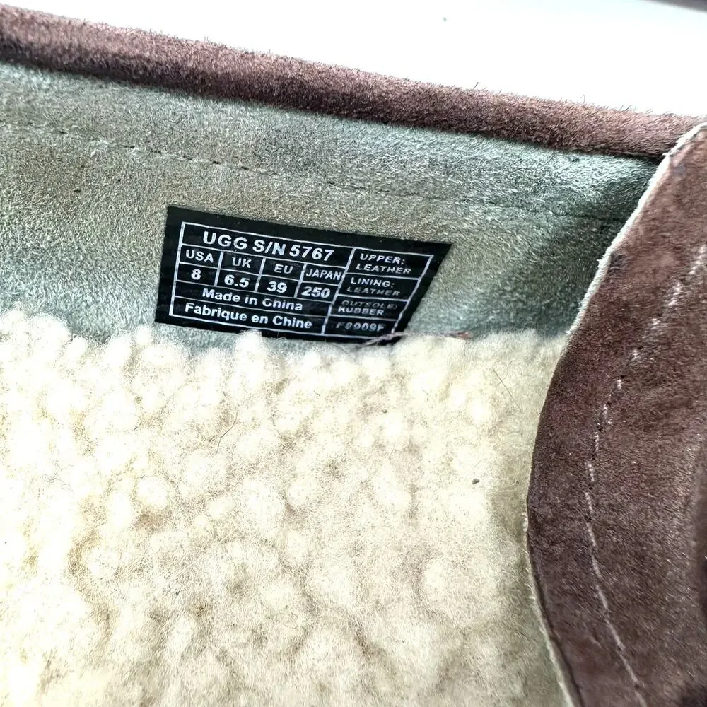 UGG Size 8 Slip On Brown Leather Sherpa‎ Lined Buckle Flats Tread Moccasins