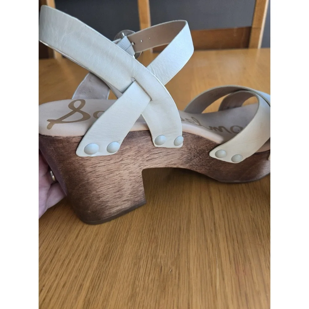 Sam Edelman Josefine Beige Leather Sandal Heel Sz 10 wooden sole platform Wedge