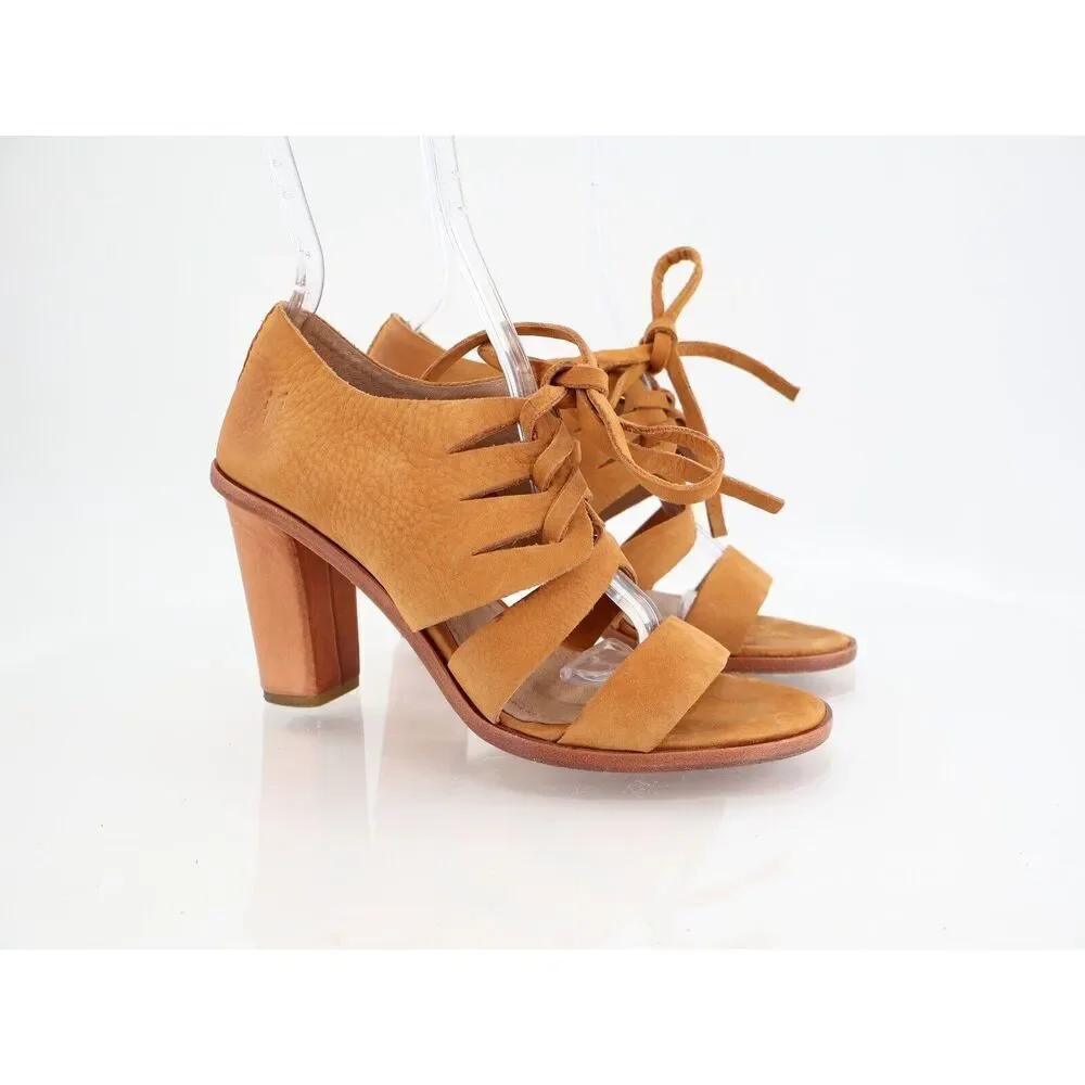 FRYE Sofia Tie On Sandals Women's Size 8 M Brown Leather Gladiator Heel Shoes