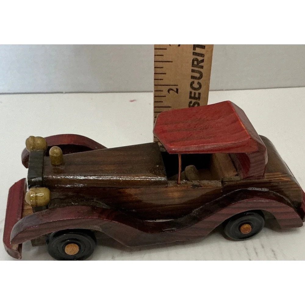 Handmade Wooden Model Car Vintage Style Antique Roadster Decorative Brown Red