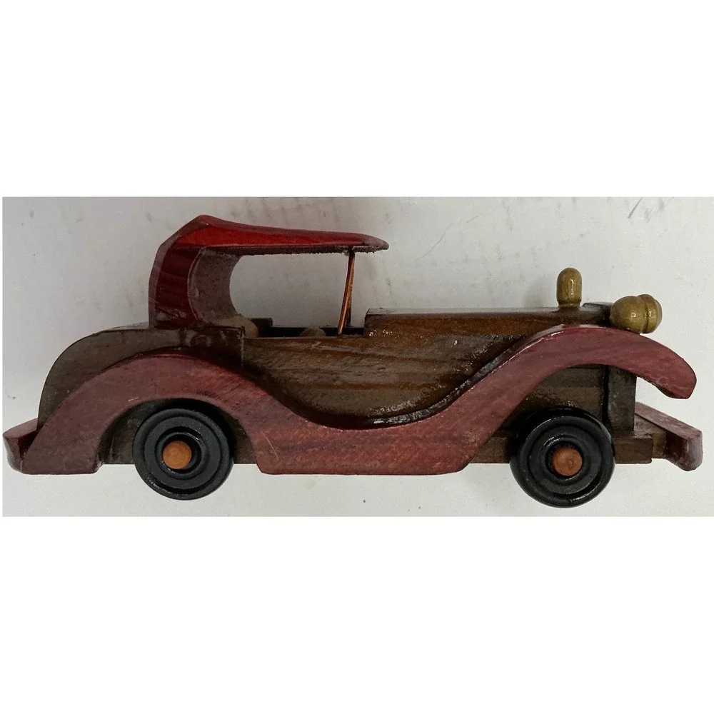 Handmade Wooden Model Car Vintage Style Antique Roadster Decorative Brown Red