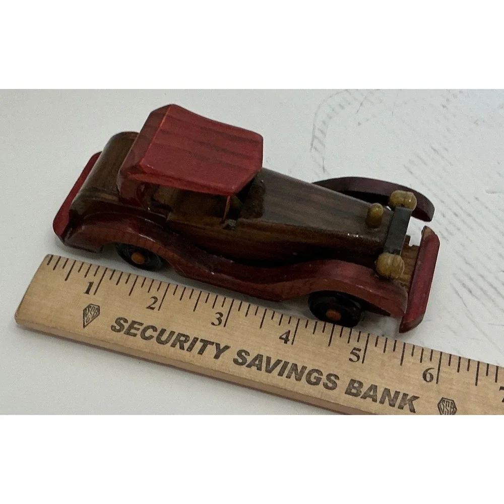 Handmade Wooden Model Car Vintage Style Antique Roadster Decorative Brown Red