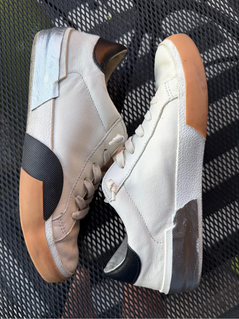 Dolce Vita Women’s Zina White Leather Sneaker w/Black Heel & Silver Highlights