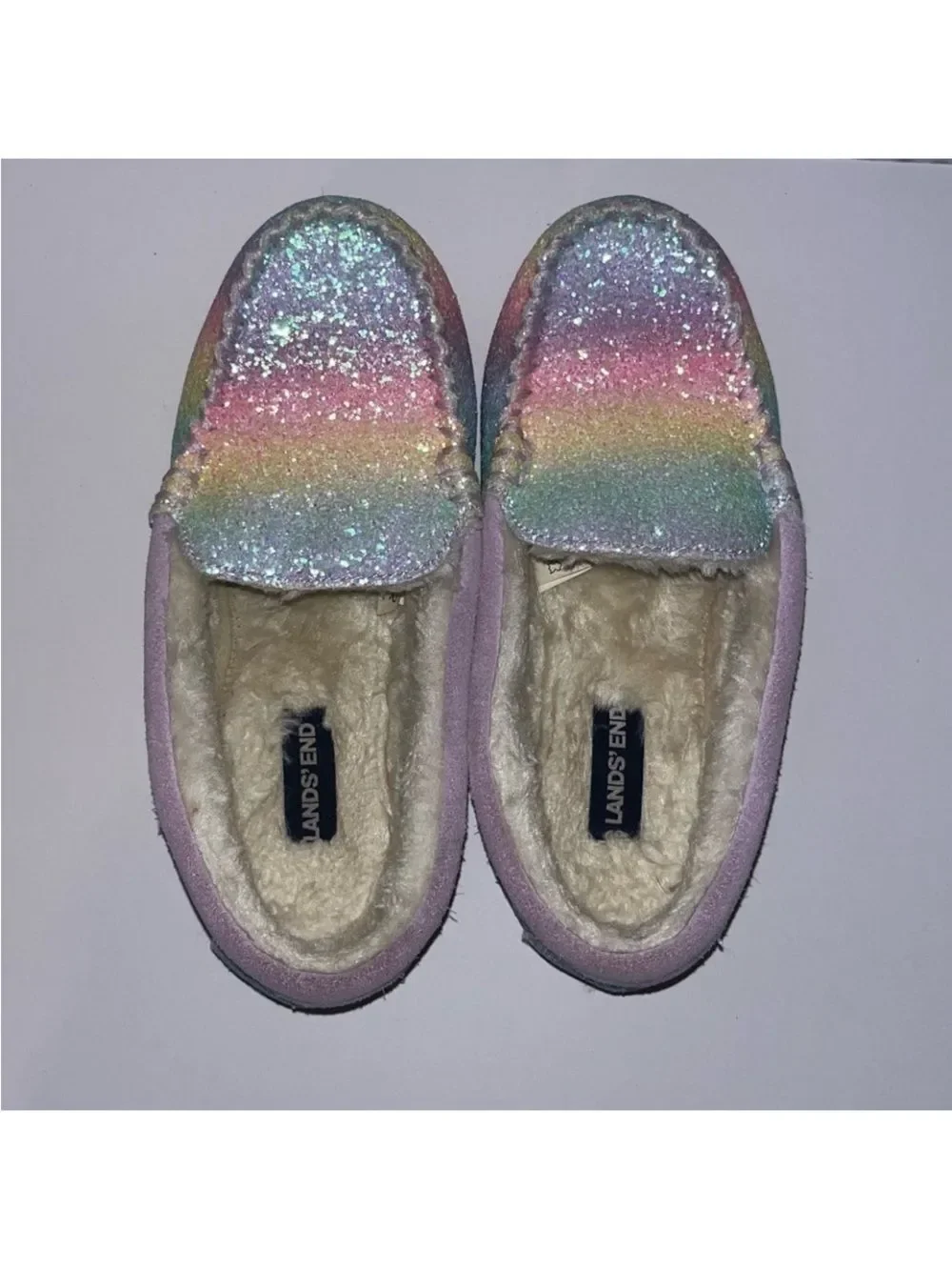 Lands' End Girls' Pastel Rainbow Glitter Moccasin Slippers - Lavender Size 3