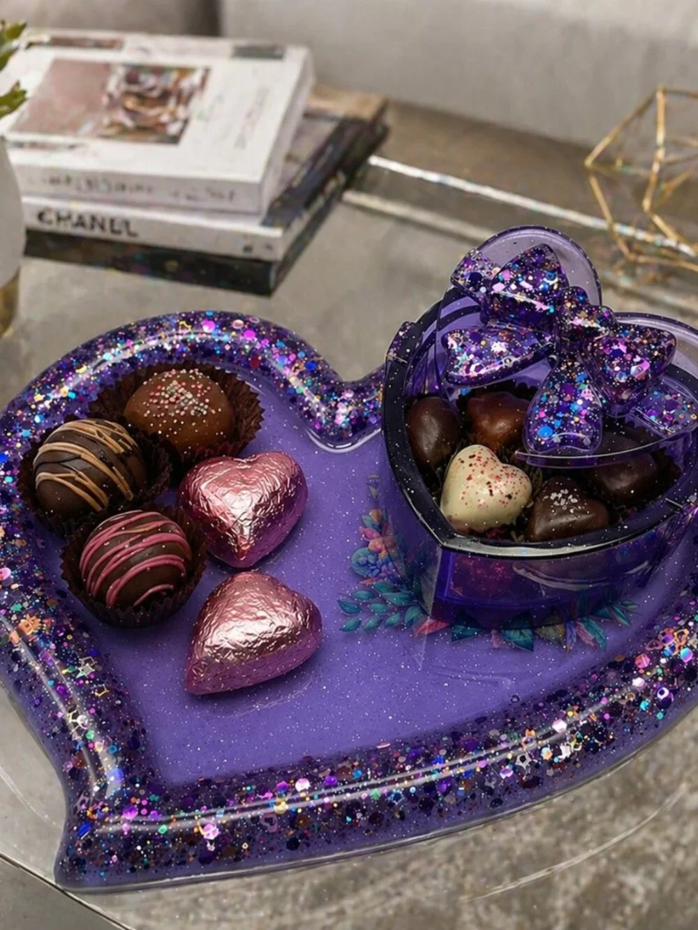 Purple Heart Tray and Jar Set, Hummingbird Resin Organizer, Feminine Shimmer