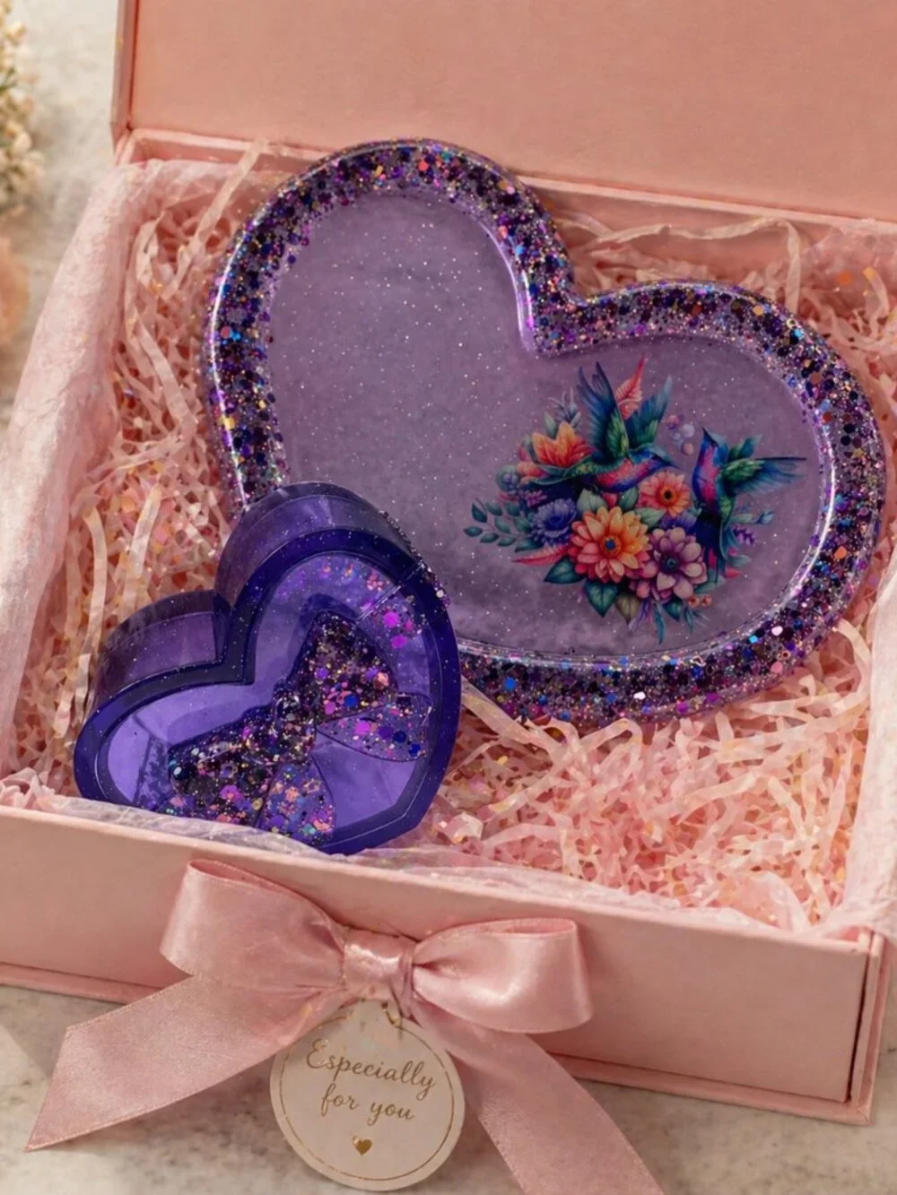 Purple Heart Tray and Jar Set, Hummingbird Resin Organizer, Feminine Shimmer