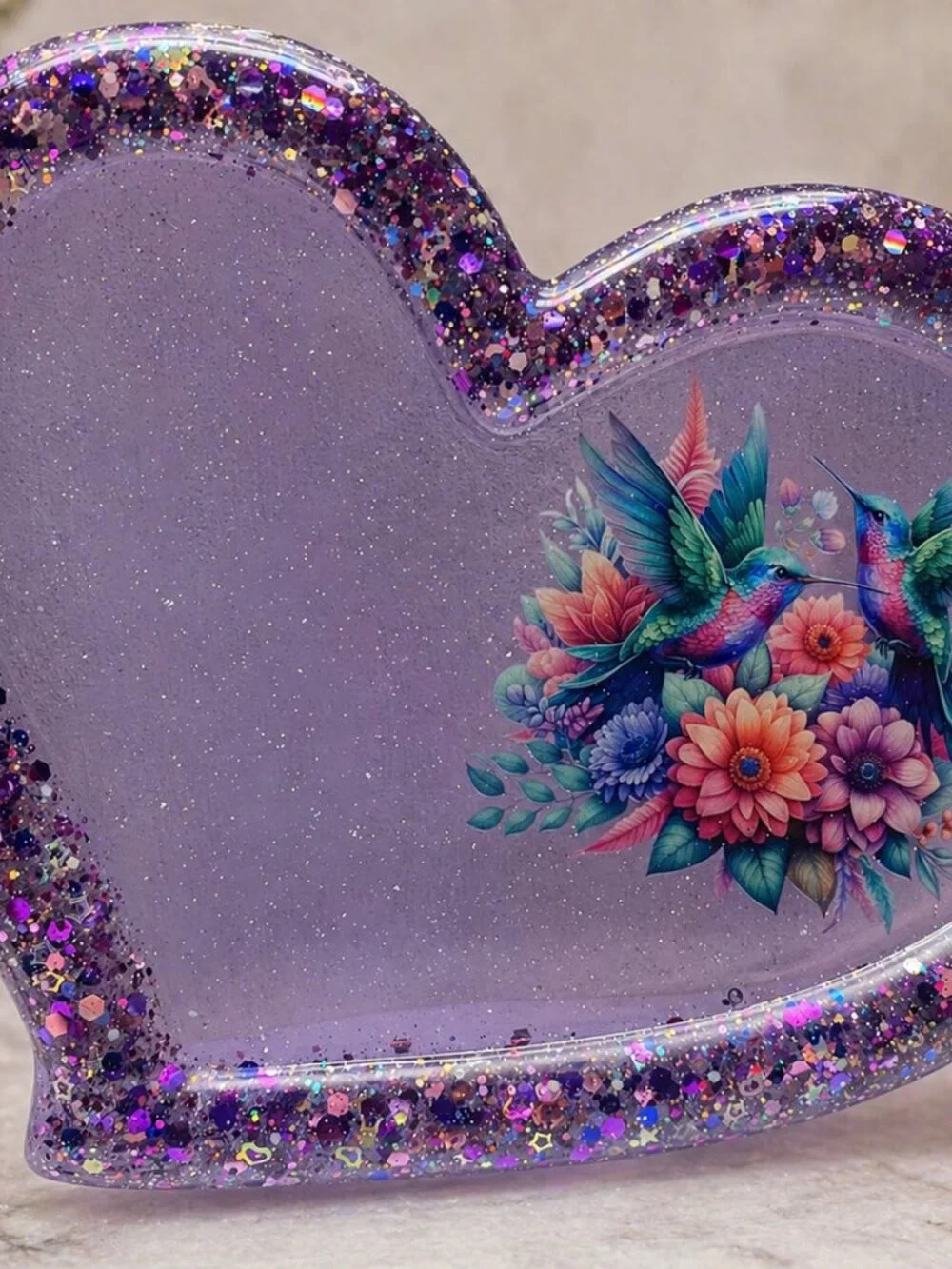 Purple Heart Tray and Jar Set, Hummingbird Resin Organizer, Feminine Shimmer