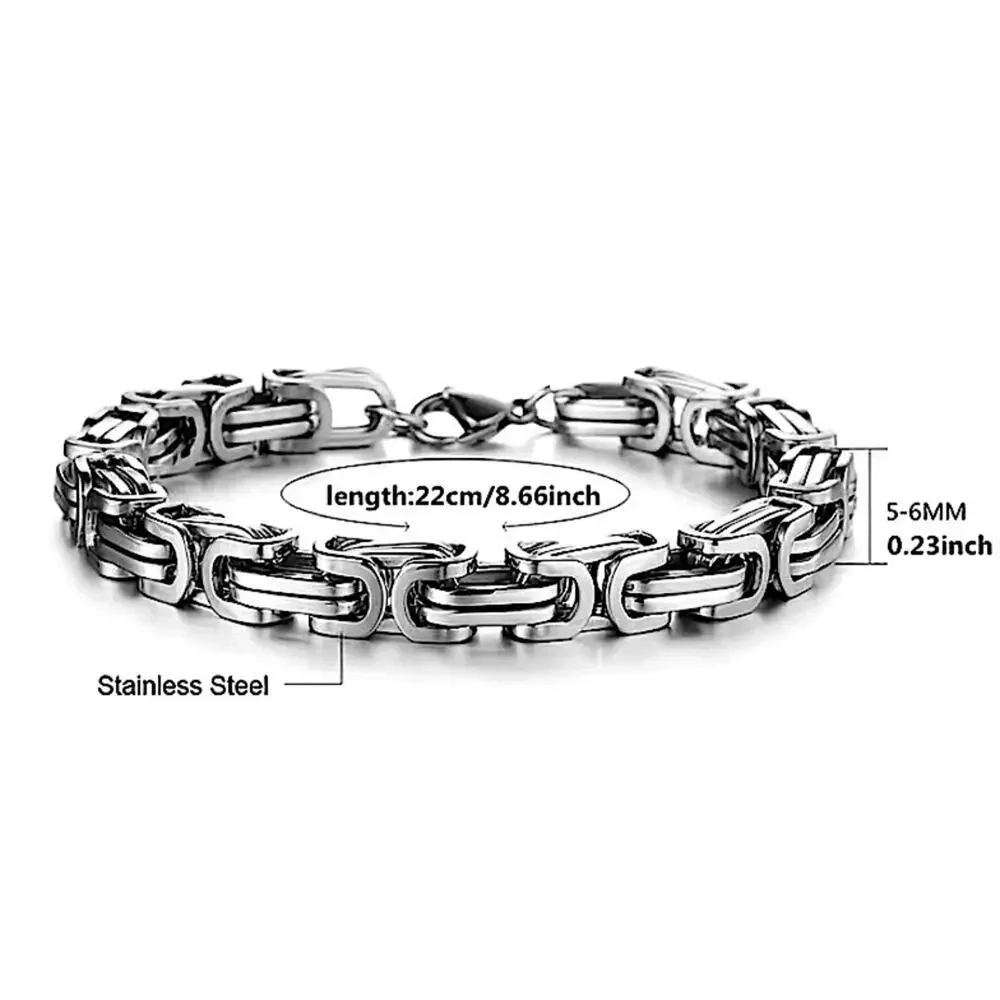 STAINLESS STEEL BYZANTINE MECHANIC SILVER BLACK BIKER BRACELET