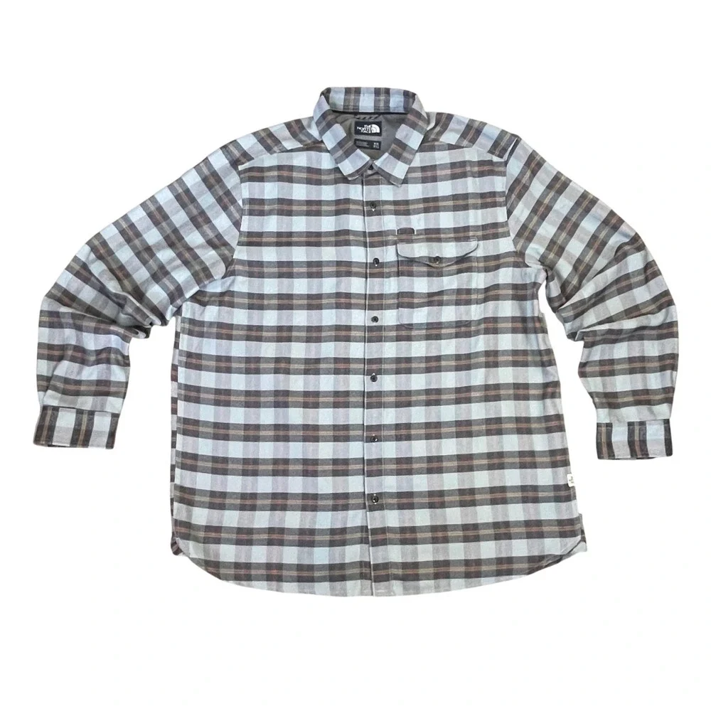 The North Face Mens XXL Blue Plaid Flannel Long Sleeve Button‎ Down Shirt Logo