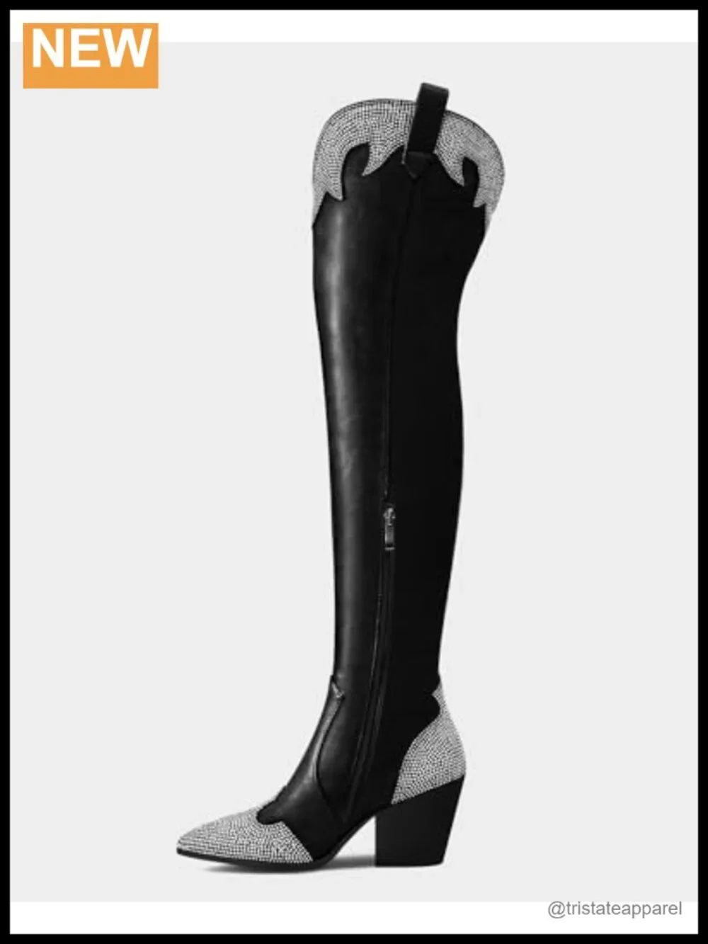 Faux Leather Rhinestone Thigh High Cowboy Boots Chunky Heel Pointed Toe Side
