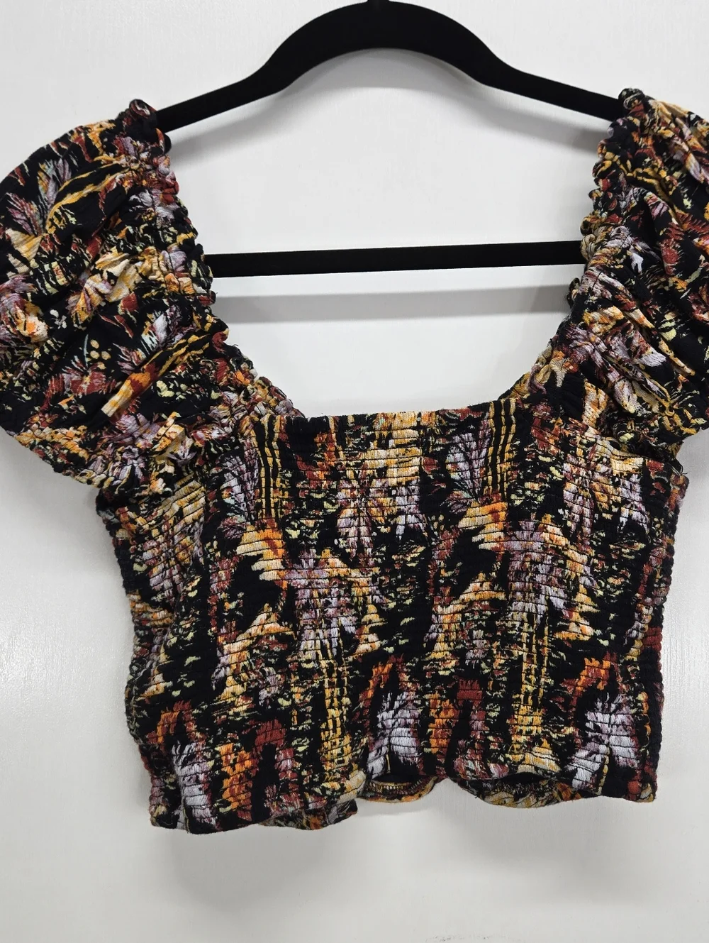 Free‎ People Floral Crop Smocked Bodice Top Puff Sleeve Tropical Bustier XS