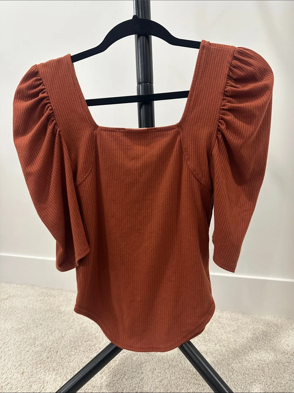 Free People Puff Sleeve Square Neck Top in Rust