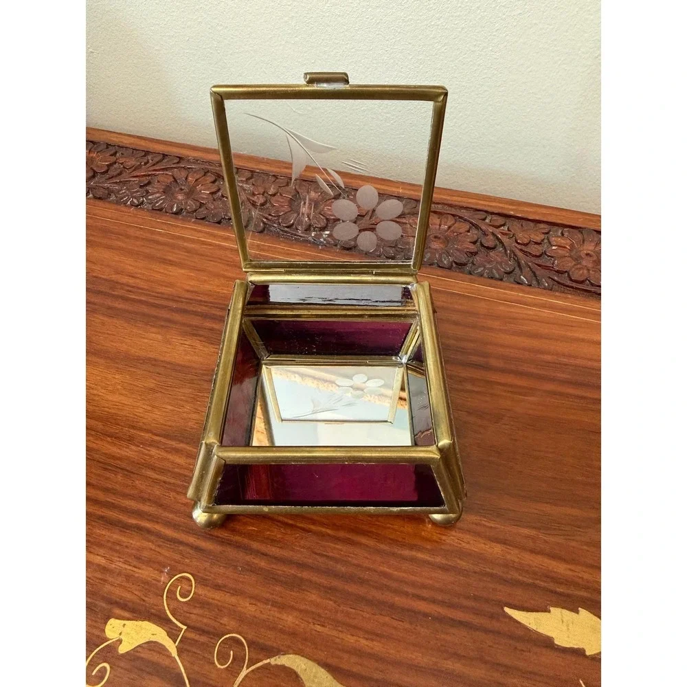Vintage Brass & Purple‎ Glass Jewelry Box 3