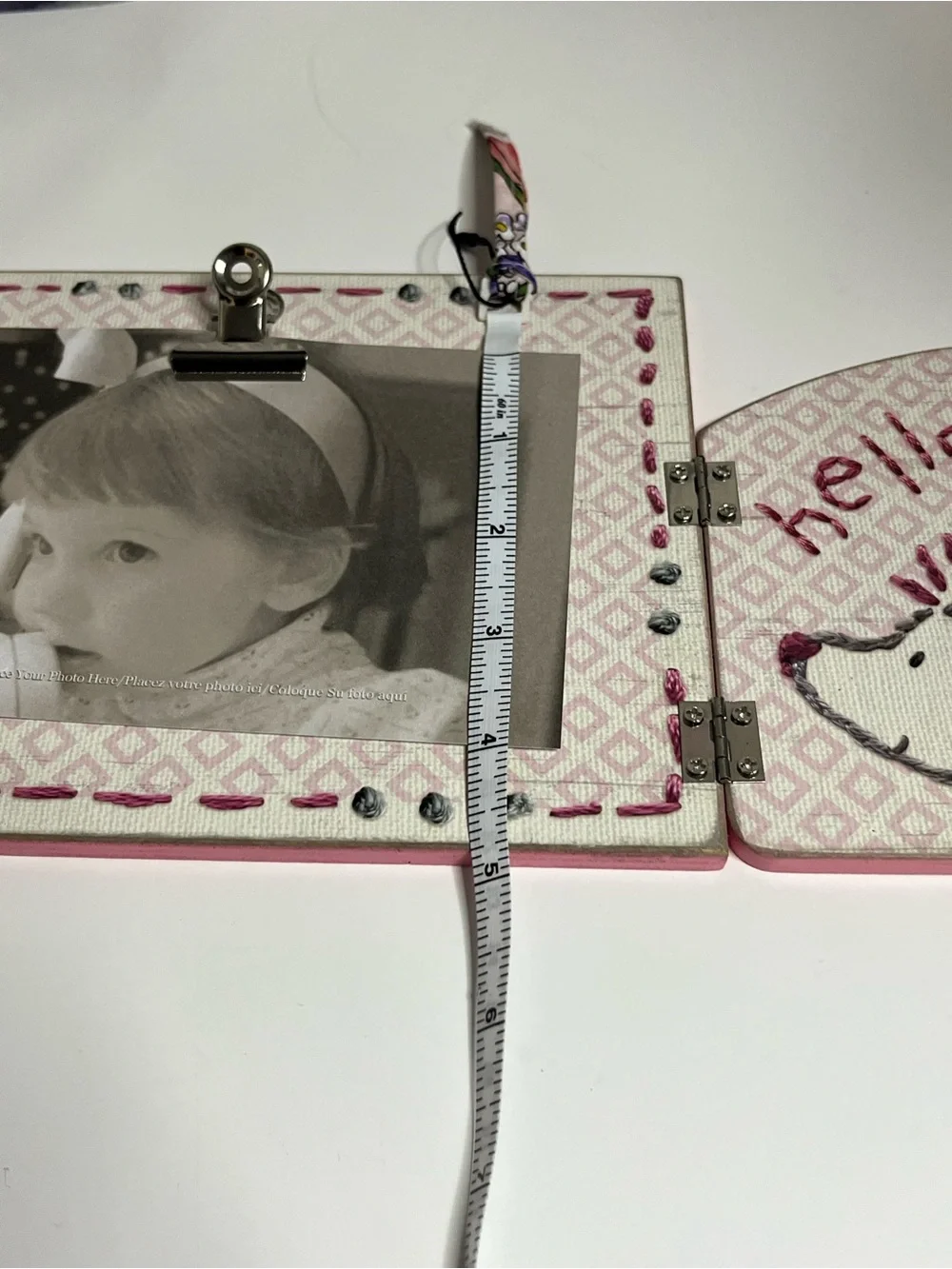 Baby girl Newborn Photo Frame Primitives by Kathy Hinged wood Stitch Art Gift