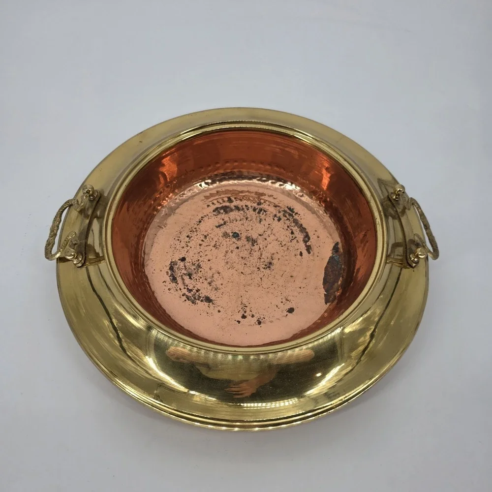 Antique Hand Hammered Copper Brazier with Brass Handles 17