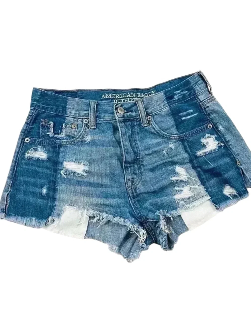American Eagle Highrise Festival Patchwork‎ Distressed Frayed Denim Short Size 2