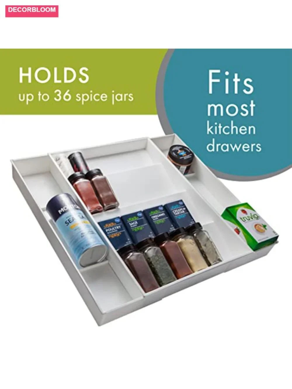 Expandable Kitchen Drawer Spice Jar Organizer Tray Holds 36