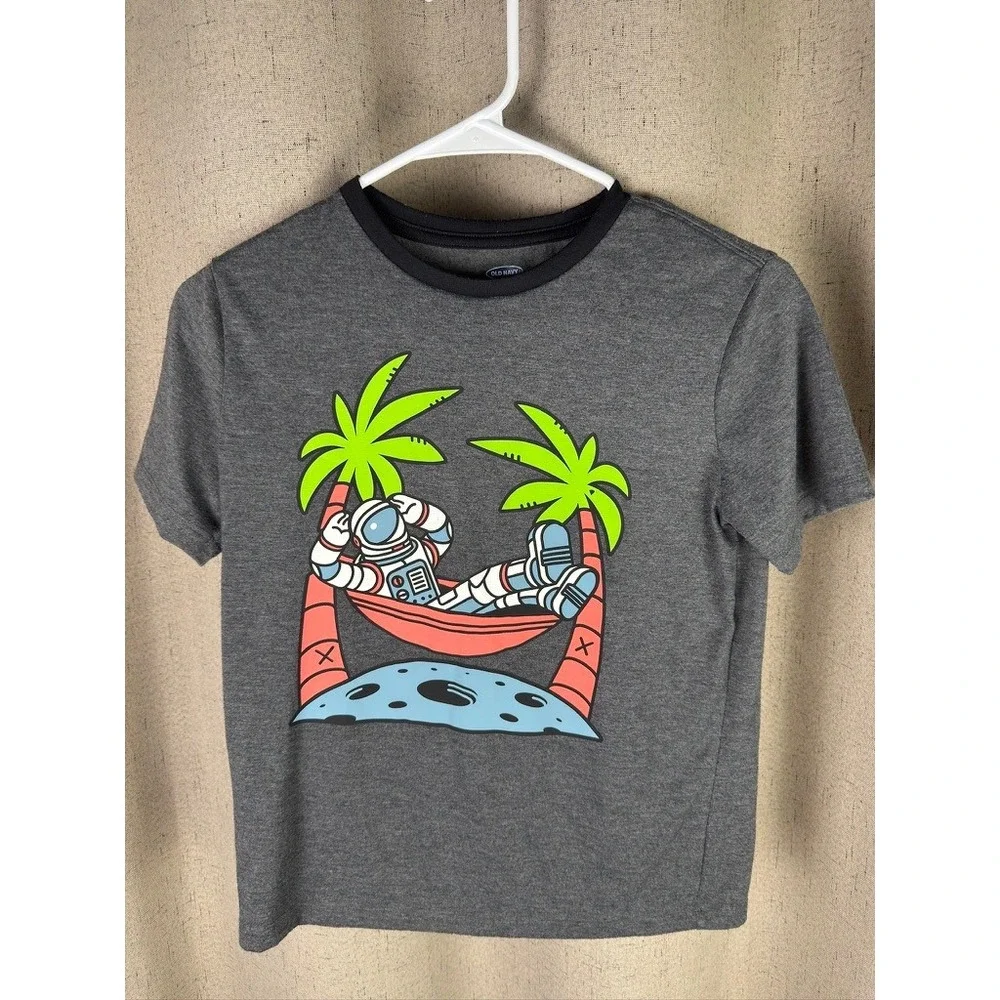 Old‎ Navy Graphic Tee Boys Large 10-12 Gray Excellent Astronaut Moon Palm Tree