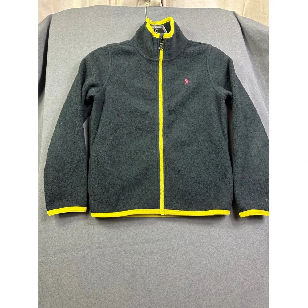 Ralph‎ Lauren Kids Fleece Jacket Grey Neon Yellow Full Zip Pony Logo Size M 8-10