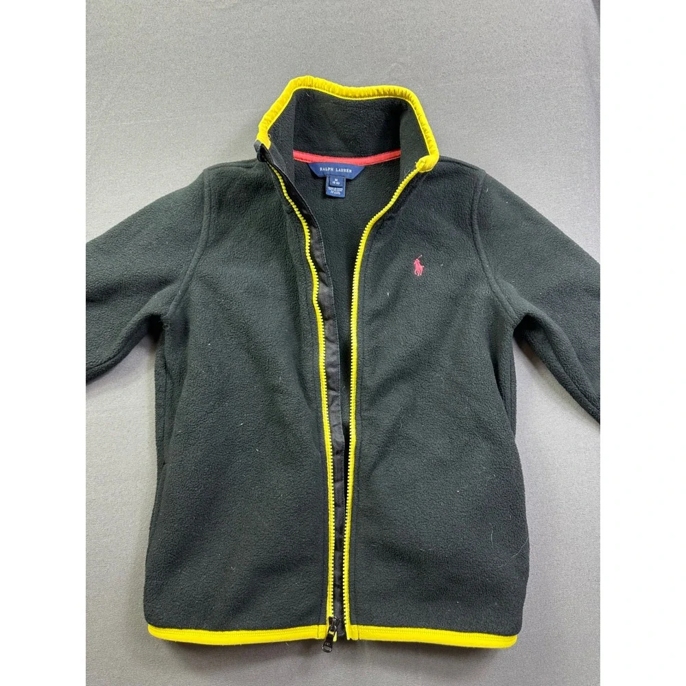 Ralph‎ Lauren Kids Fleece Jacket Grey Neon Yellow Full Zip Pony Logo Size M 8-10