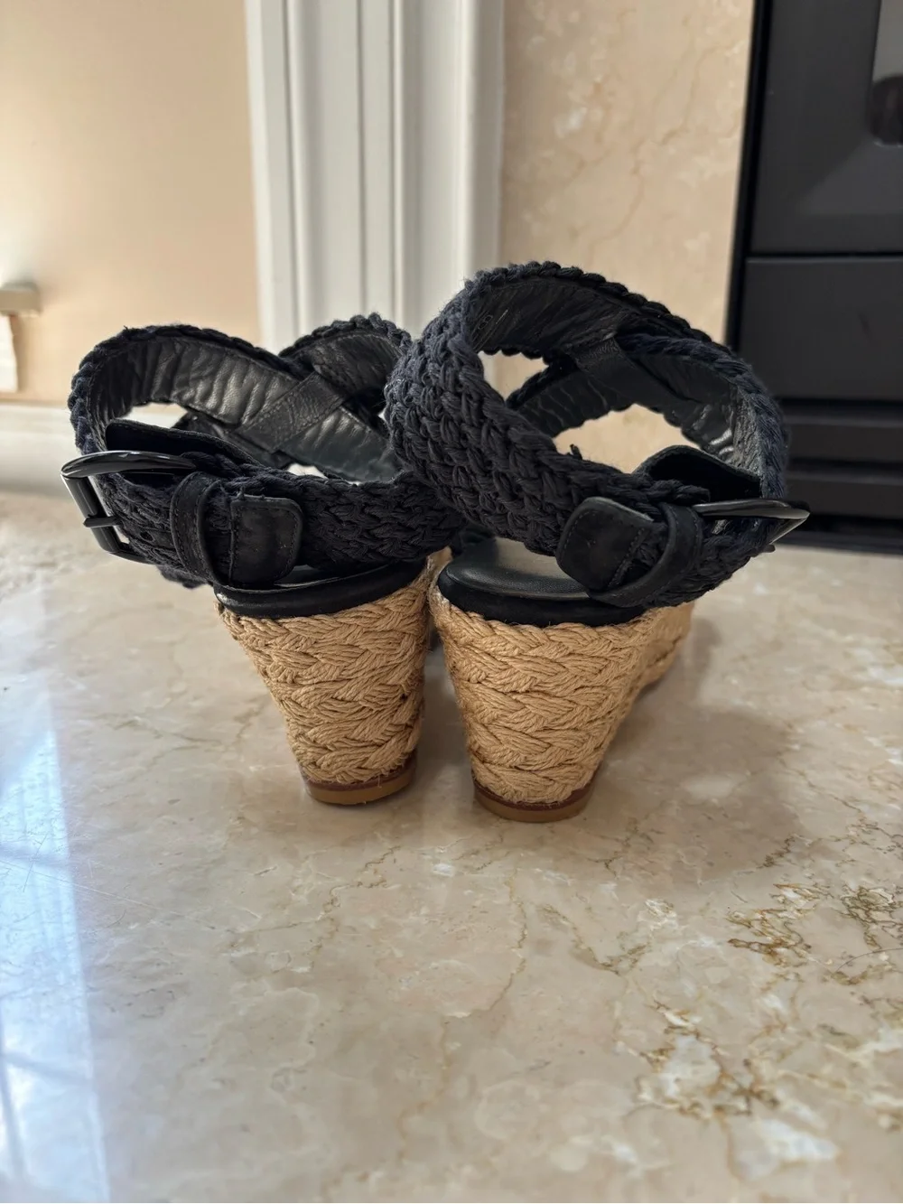 Stuart Weitzman Black Braided Espadrille Wedge Sandals