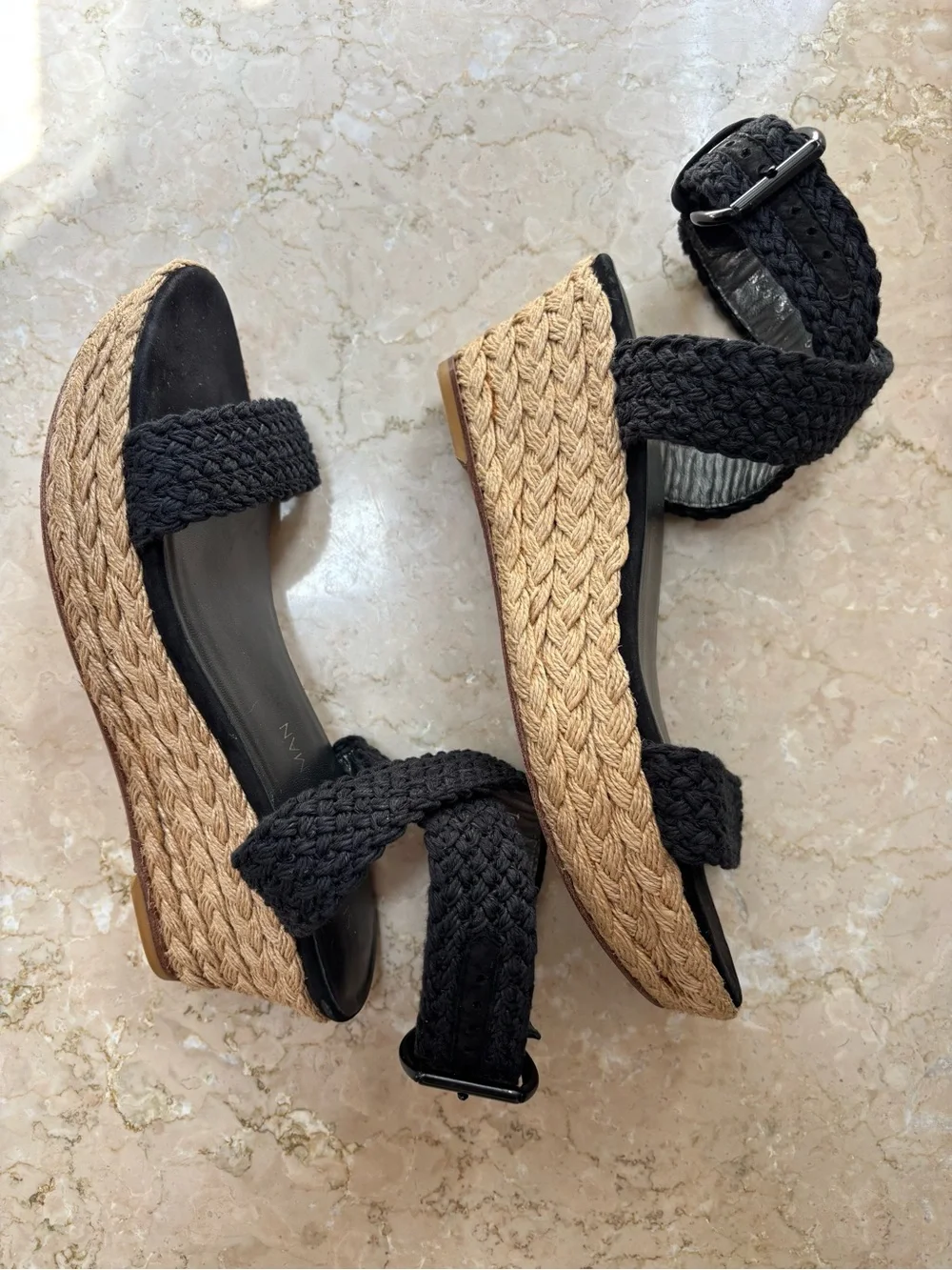 Stuart Weitzman Black Braided Espadrille Wedge Sandals