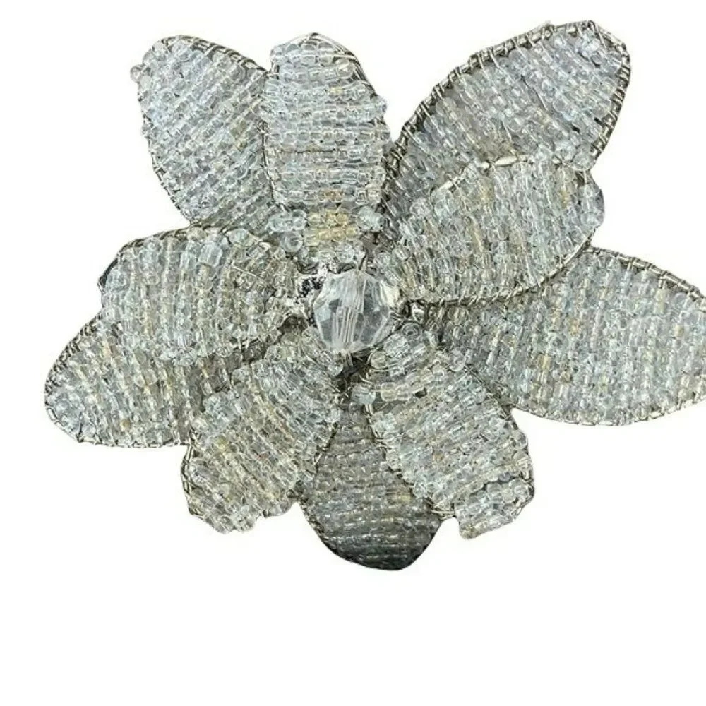 Beaded Clear Flower‎ Napkin Rings set of 4 Crystal silver table scape