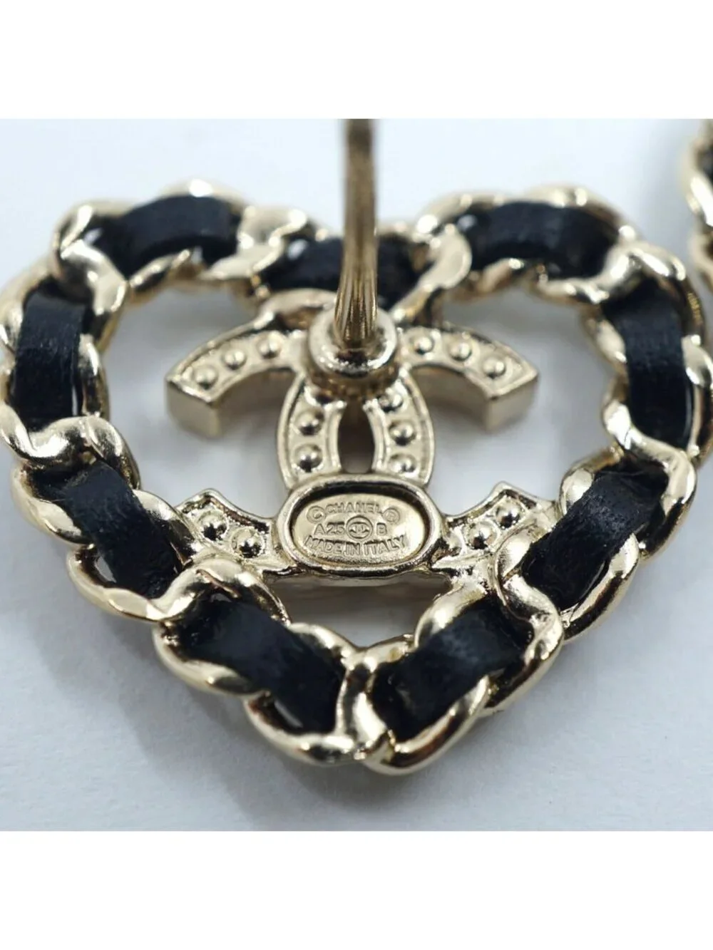 Chanel 25B Earrings Leather Chain Gold Black CC Logo Metal