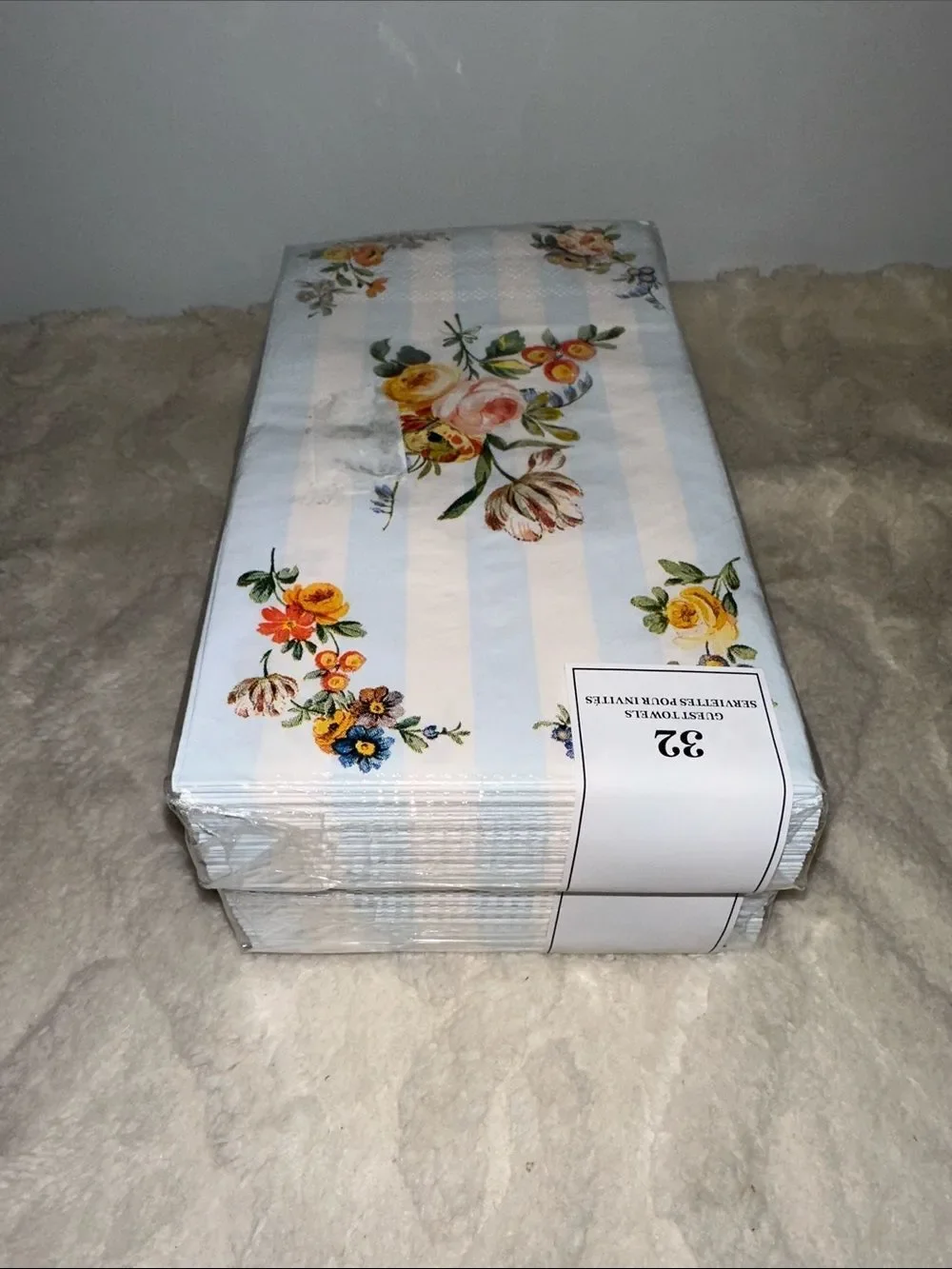 Punch Studio 32 x 2pk Guest Paper Towel Napkins White Blue Floral Stripe Print
