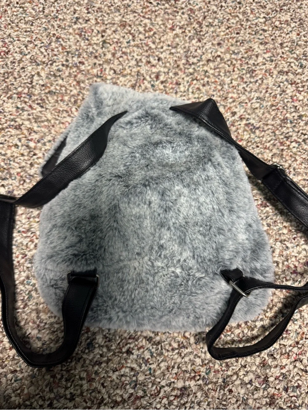 Justice Plush Gray Faux Fur Drawstring Backpack with Black Straps