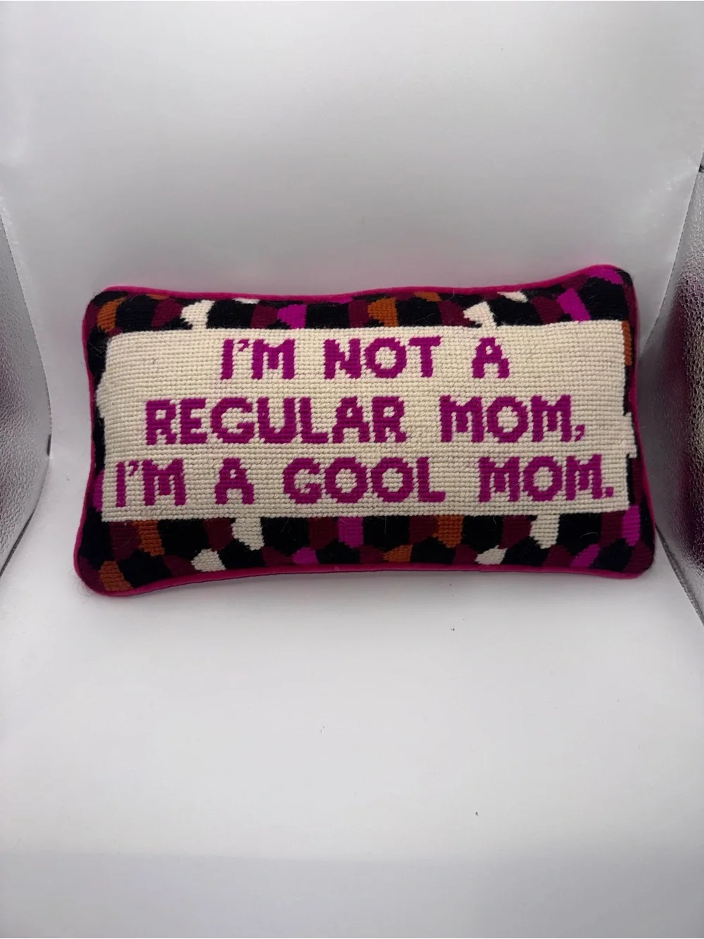 Furbish Embroidered 'I'm a Cool Mom' Decorative Lumbar Pillow in Pink & Cream