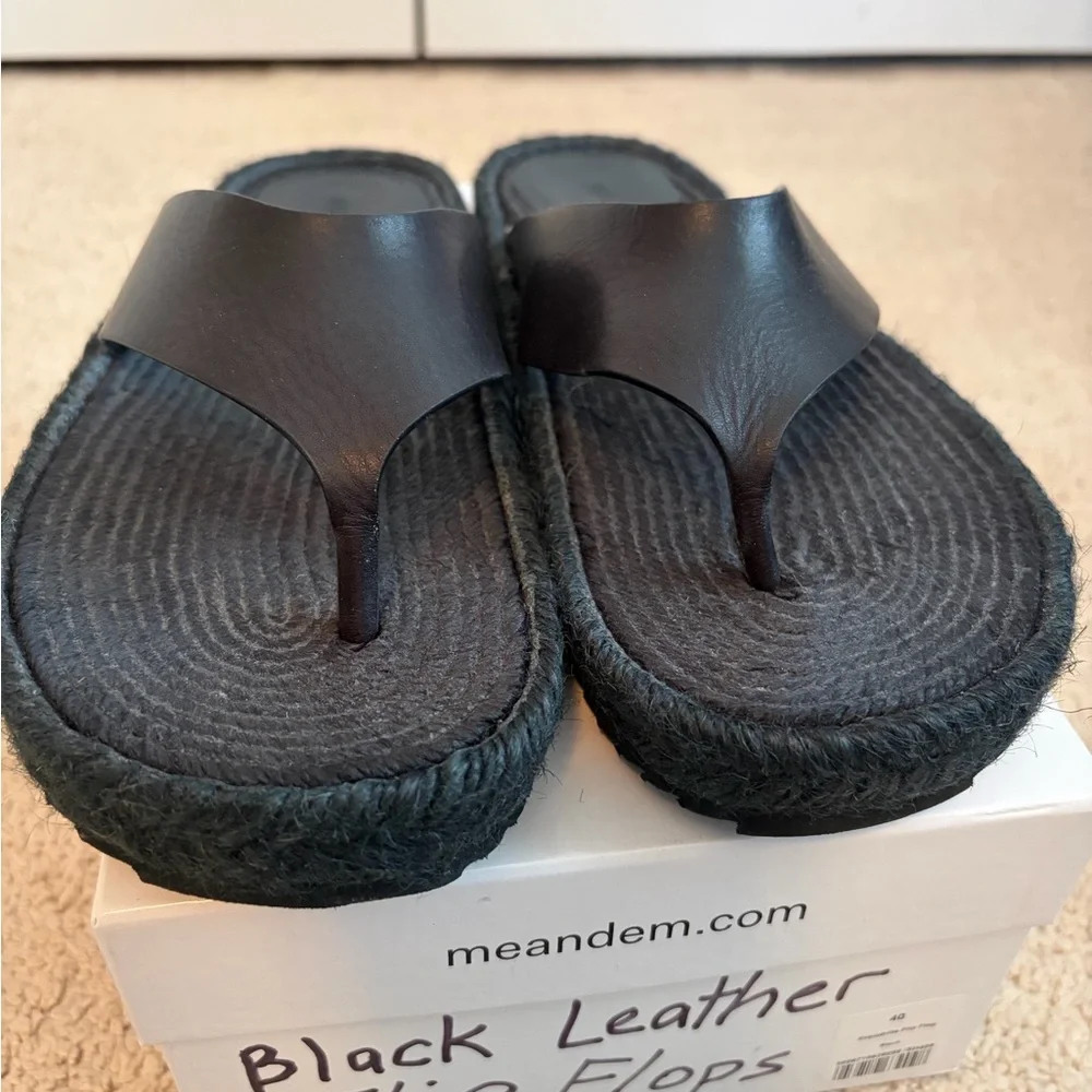 ME+EM Black Leather Espadrille Toe-Post Sandals