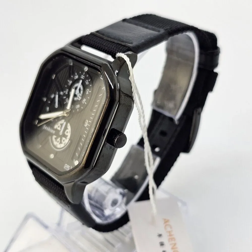 Men's 42MM Minimalist Watch Black‎ Case Black Dial Date Black Canvas Band Straps