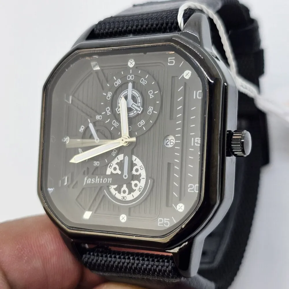 Men's 42MM Minimalist Watch Black‎ Case Black Dial Date Black Canvas Band Straps