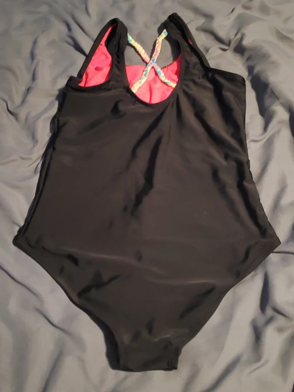 Justice Black One-Piece Swimsuit with Rainbow Ring Pop Graphic