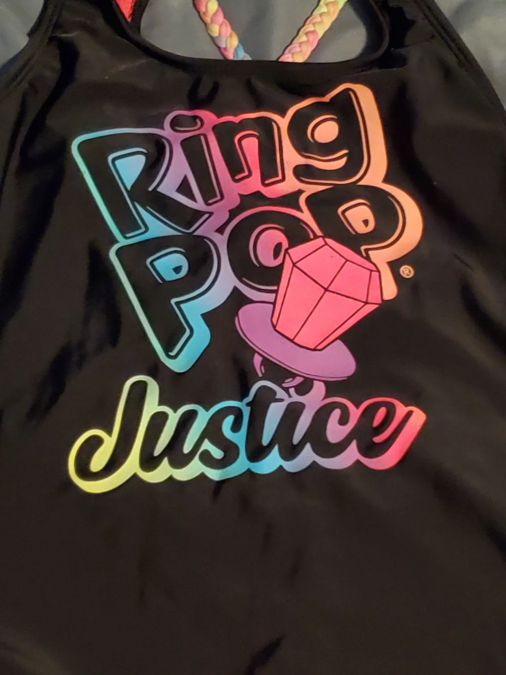 Justice Black One-Piece Swimsuit with Rainbow Ring Pop Graphic