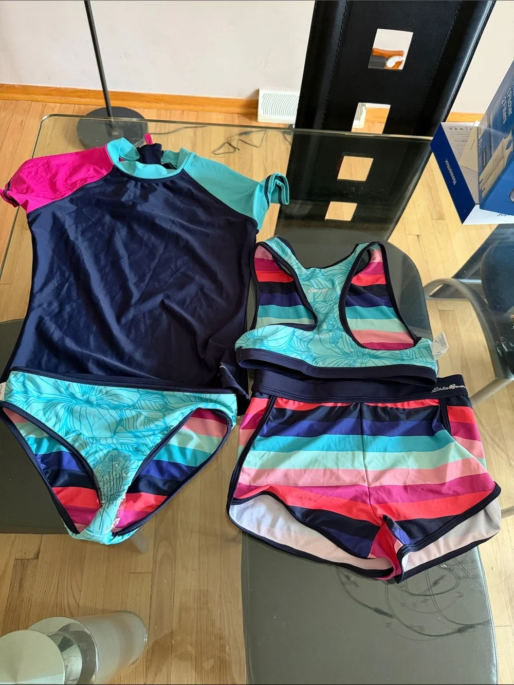 Girls' Multi-Stripe Reversible Swim Set - Navy, Pink & Teal