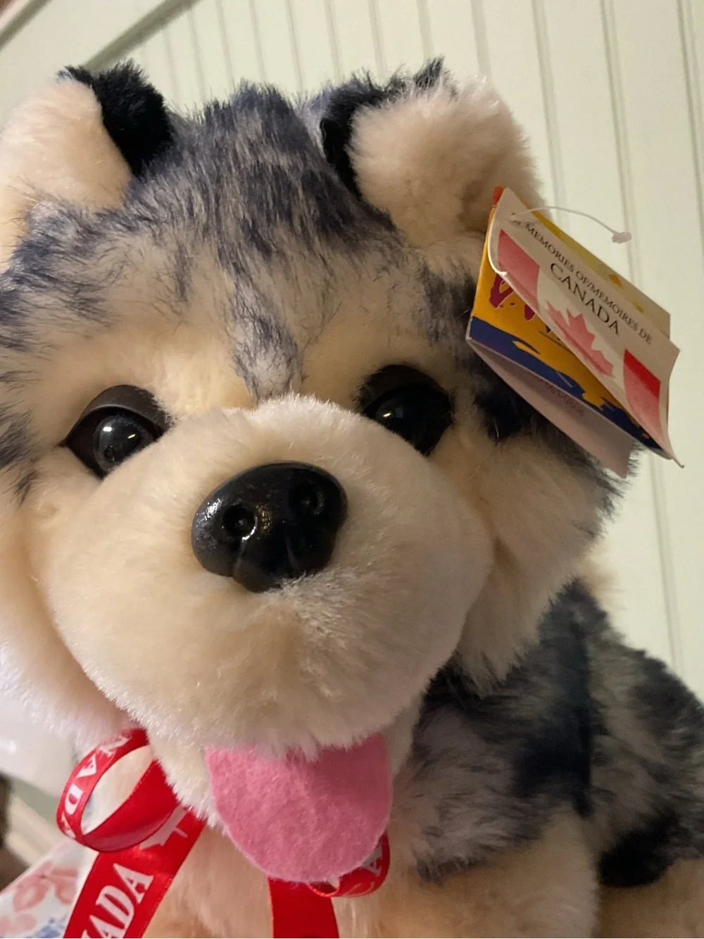 Plush Husky Dog Toy — Gray & Cream with Pink Tongue