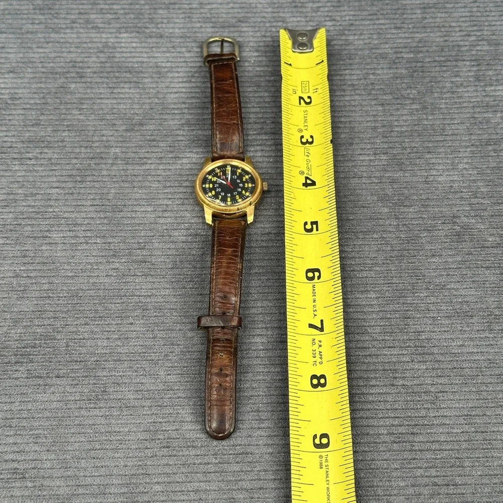 Vintage Military Field Watch Gold Tone Black Dial Japan Movt Brown Leather Strap