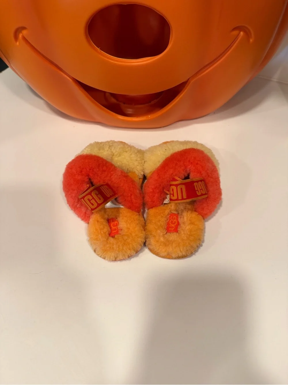 UGG Kids Orange and Cream Shearling Slide Sandals