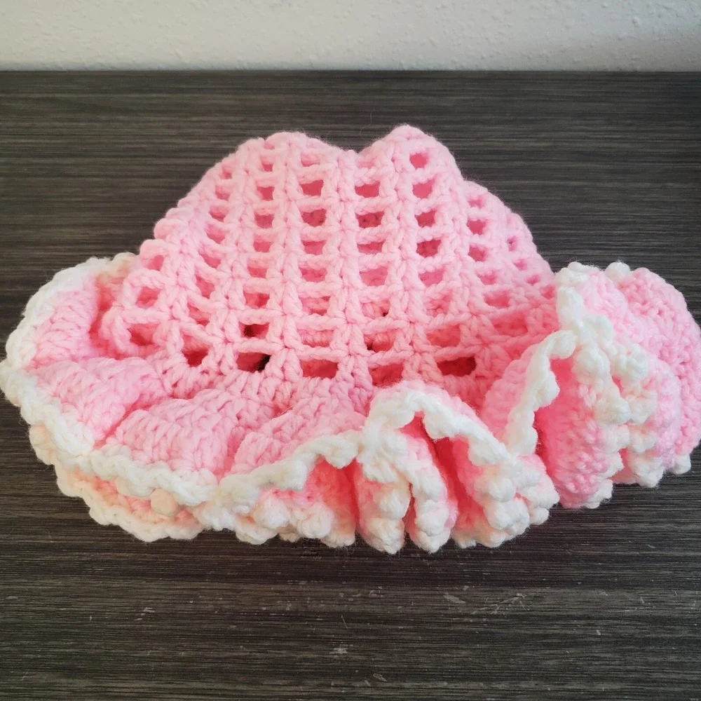 Children's Pink Ruffle Crocheted Bucket Hat Girly‎ Coquette Fancy Cap Unique EUC