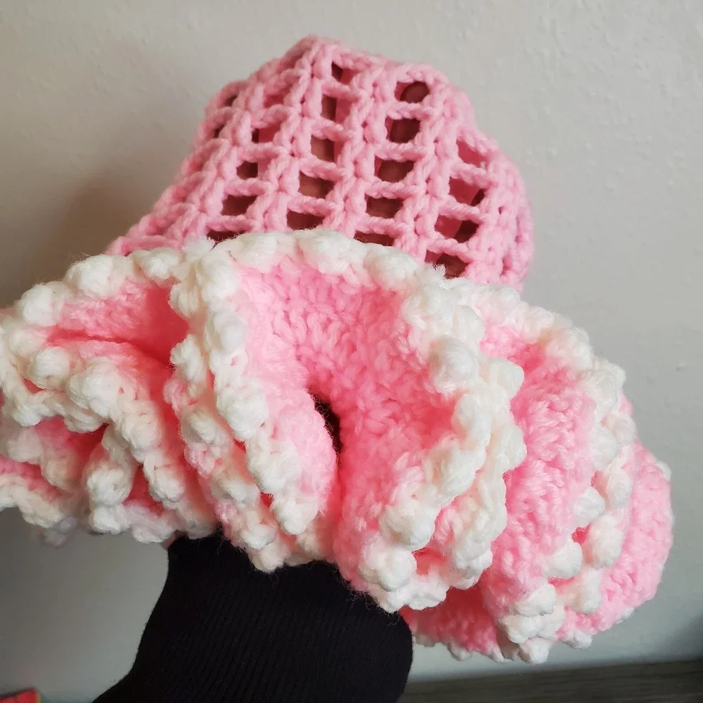 Children's Pink Ruffle Crocheted Bucket Hat Girly‎ Coquette Fancy Cap Unique EUC