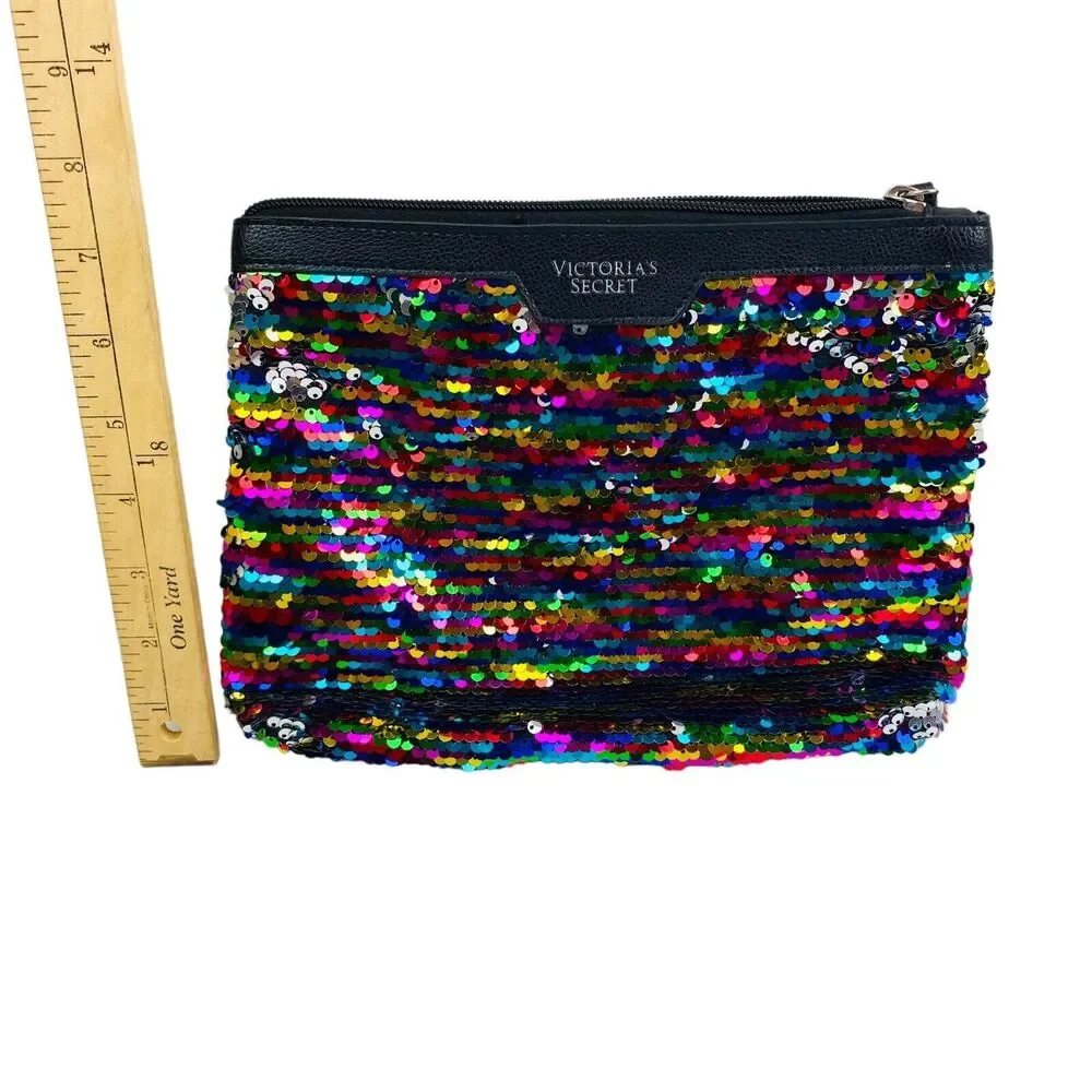 Victoria Secret Black Multicolor Sequin Faux Leather Travel Make Up Bag