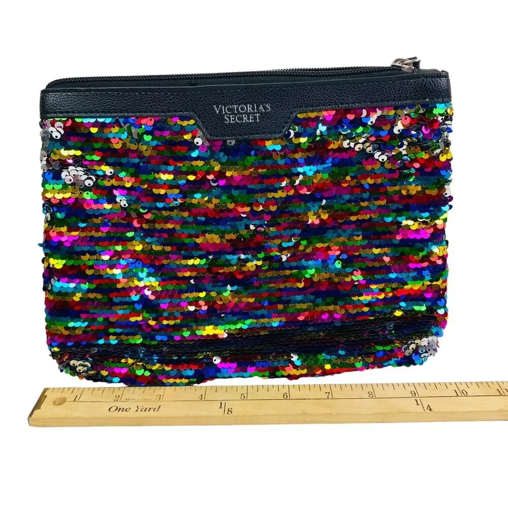 Victoria Secret Black Multicolor Sequin Faux Leather Travel Make Up Bag