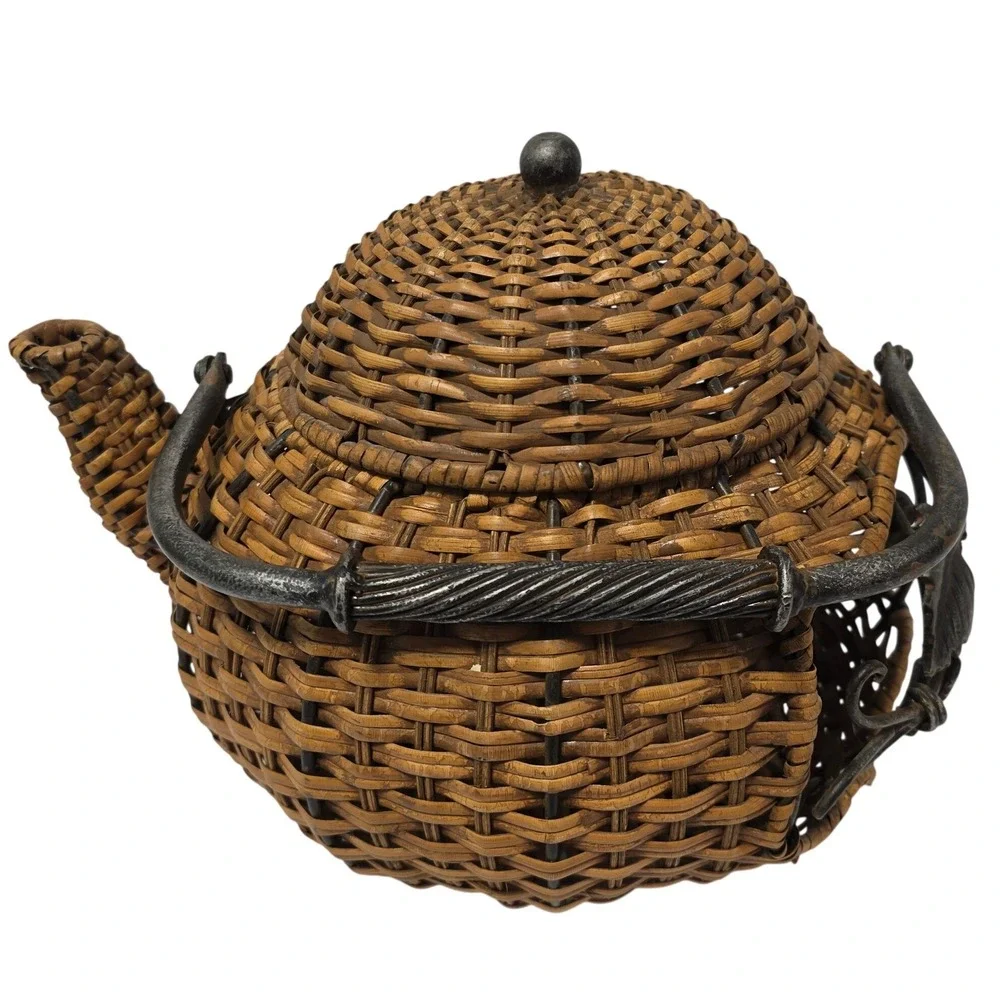 Rustic Woven Wicker Teapot Basket with Metal Leaf Vine Detail and Lid Brown