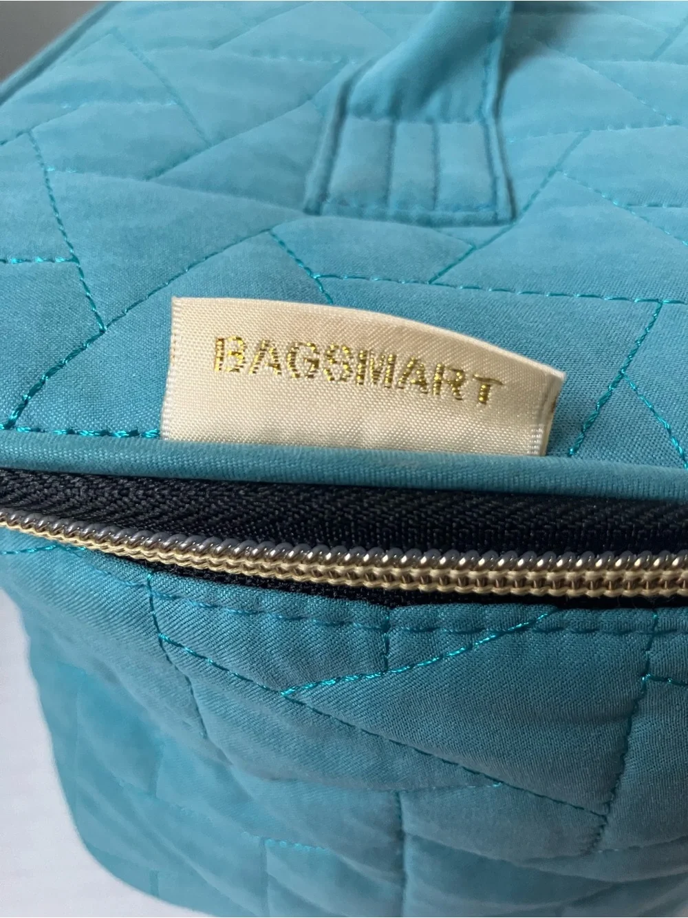 Quilted Teal Cosmetic Travel Case with Gold Zipper Compartments Brush Organizer